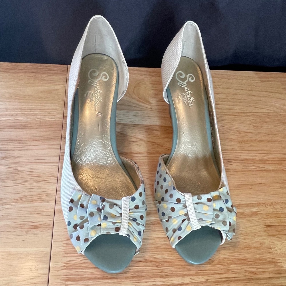 Seychelles Womens 10 Polka Dot Bow D'Orsay Peep Toe Cone Heels Sage Cream